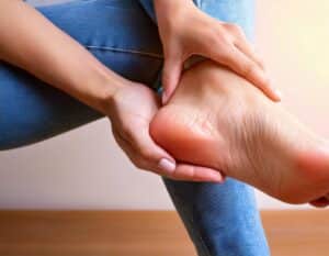 Kvinde med krydset ben, holder om sin hæl grundet hælspore, heel spore, fascia plantaris