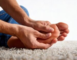 Mand med nedsunket forfod (metatarsalgia) trykker på undersiden af sin fod