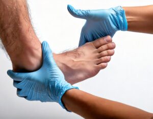 Mand med stiv storetå (hallux rigidus) bliver tilset af fodterapeuten